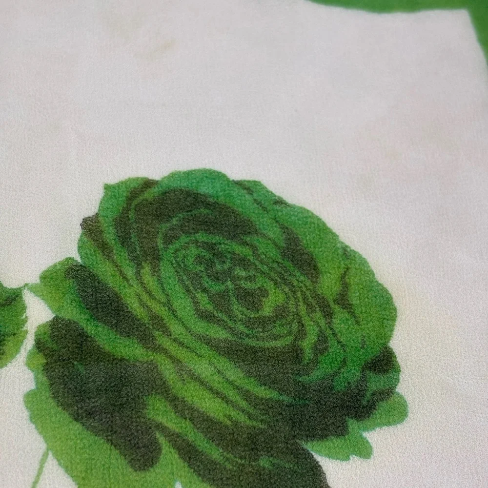 Vintage semi sheer, silky, crêpe, precious floral green rose printed scarf